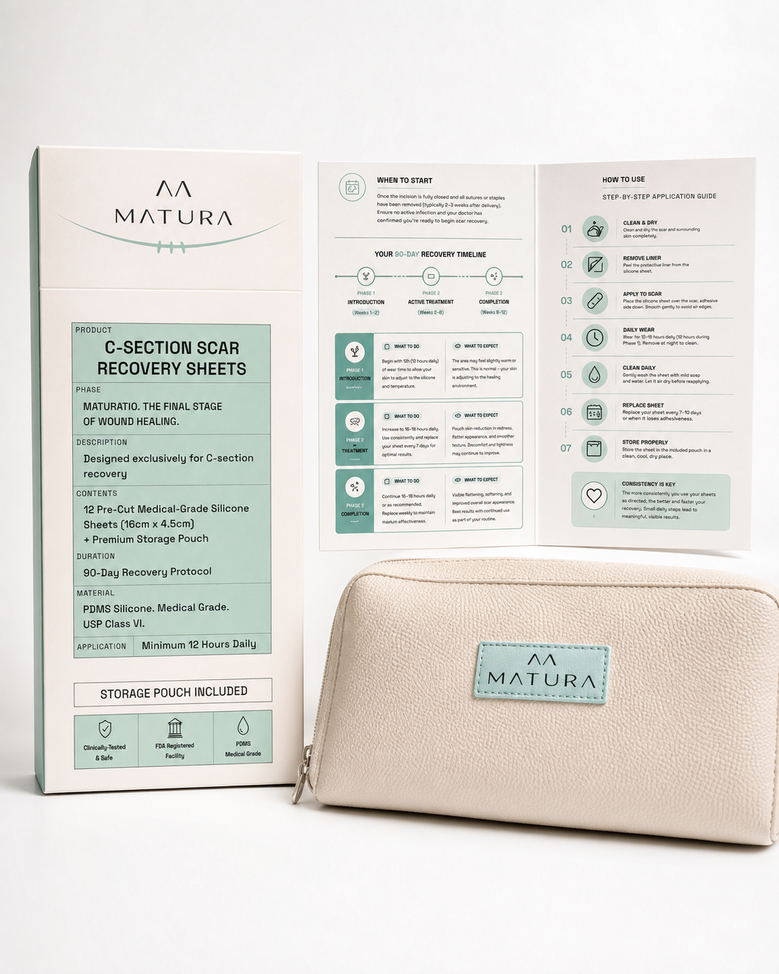 The complete Matura kit — box, 90-day protocol guide and branded storage pouch